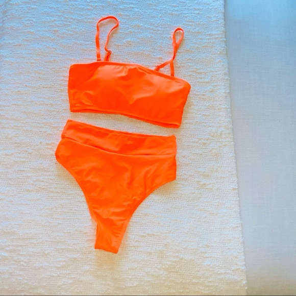 Neon Orange 2 Pc Bathing Suit Bikini High Waisted Padded  Size S   NWOT - Picture 7 of 12